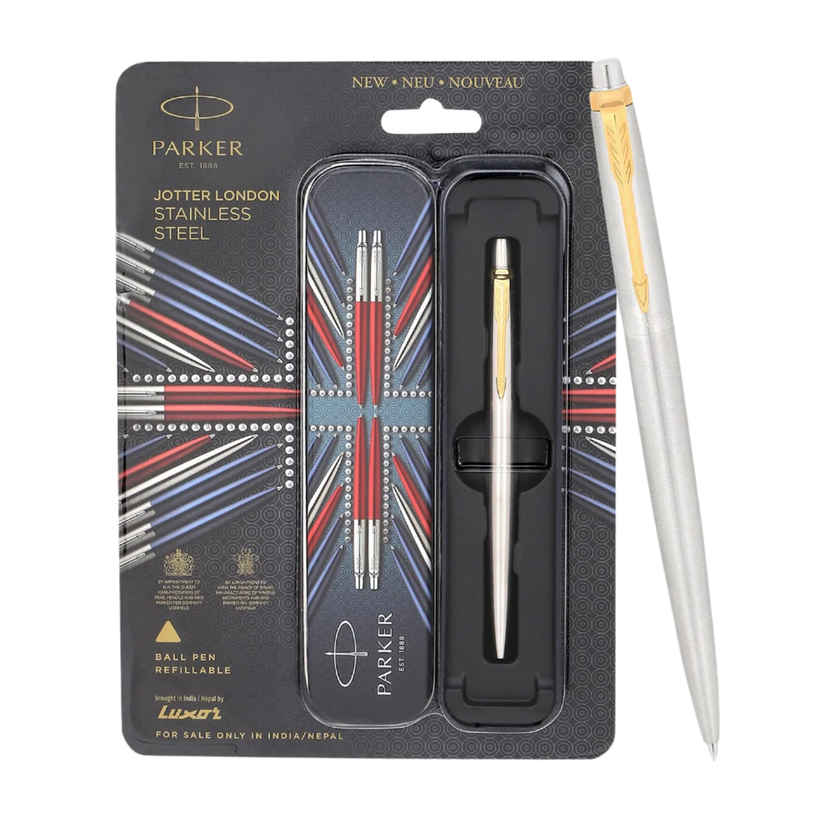 Parker Jotter Stainless Steel ballpoint pen with Gold Trim. Blue & free black Quinkflow refill Gift