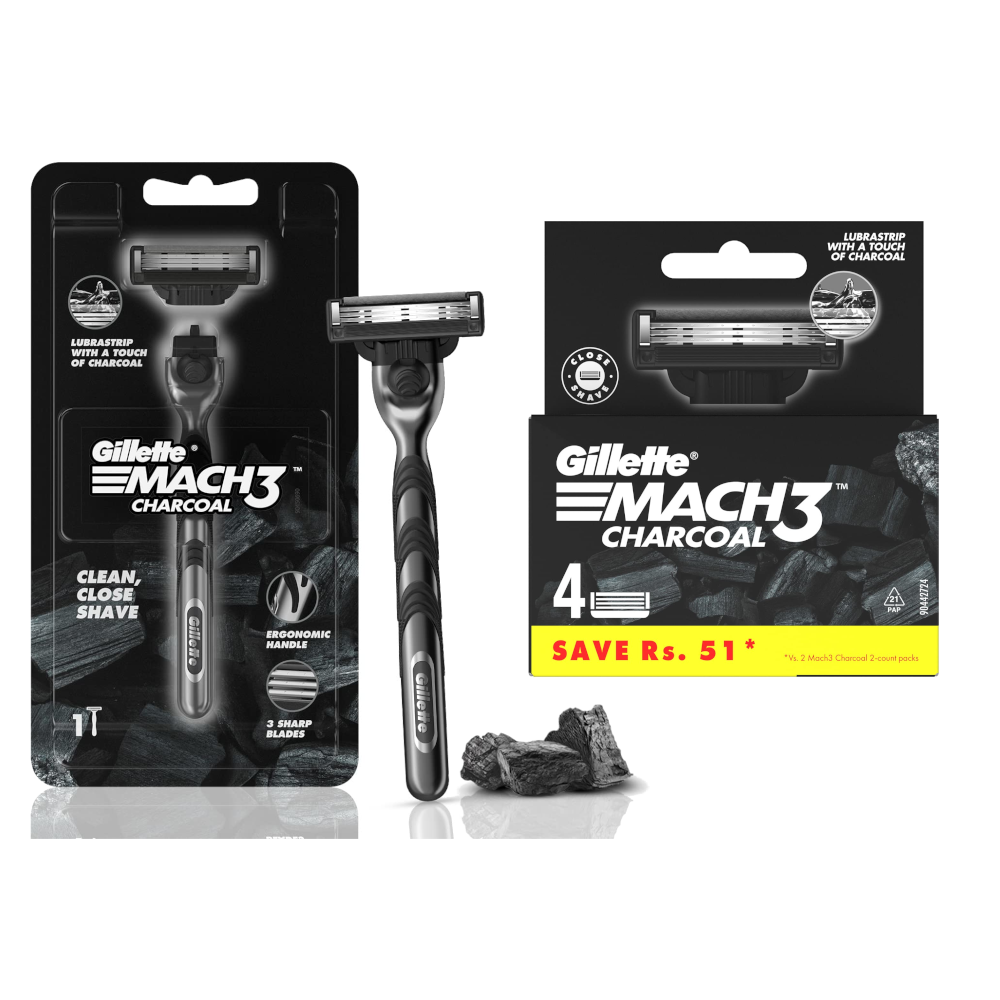 Gillette Mach3 Charcoal Razor and 4 Blades Combo Pack