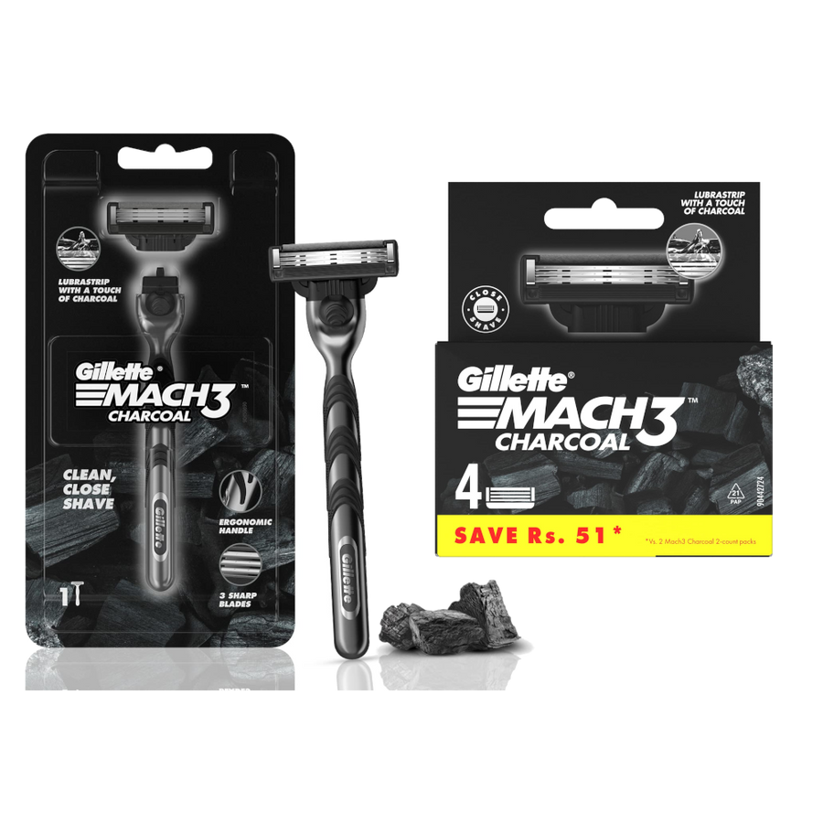 Gillette Mach3 Charcoal Razor and 4 Blades Combo Pack