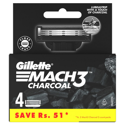 Gillette Mach3 Charcoal Razor and 4 Blades Combo Pack
