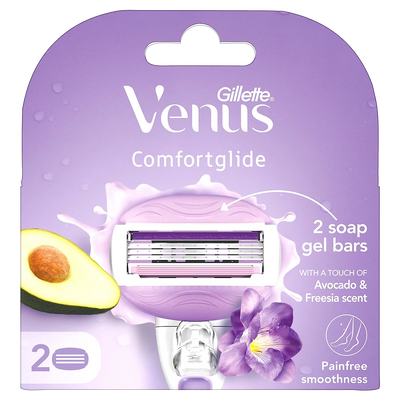 Gillette Venus Razor & 2 pack Venus Blades / Refills / Cartridges | 2 Pcs | for Women | (Avocado Oils & Freesia scent soap gel bars)