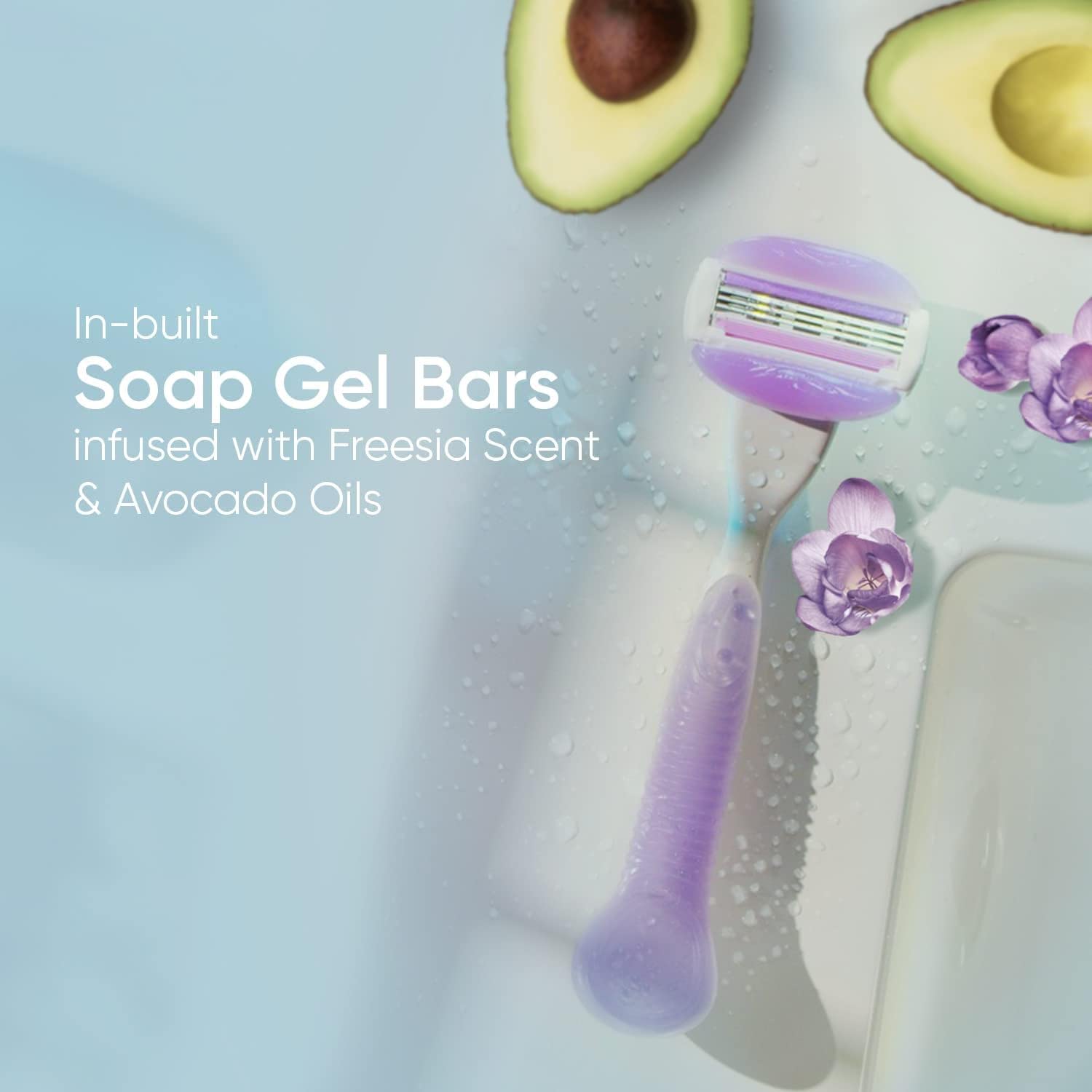 Gillette Venus Razor & 2 pack Venus Blades / Refills / Cartridges | 2 Pcs | for Women | (Avocado Oils & Freesia scent soap gel bars)