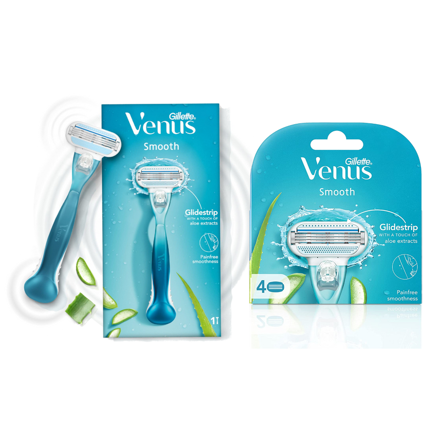 Gillette Venus Smooth Combo 1 Razor & 4 Pack Blades with an Aloe Vera Glidestrip