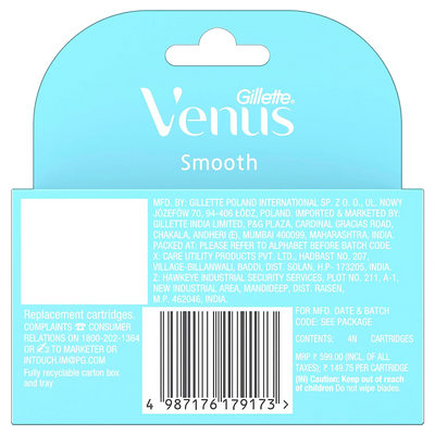 Gillette Venus Smooth Hair Removal Razor Blades/Refills/Cartridges (8 pieces) for Women - (Aloe Vera Glidestrip)