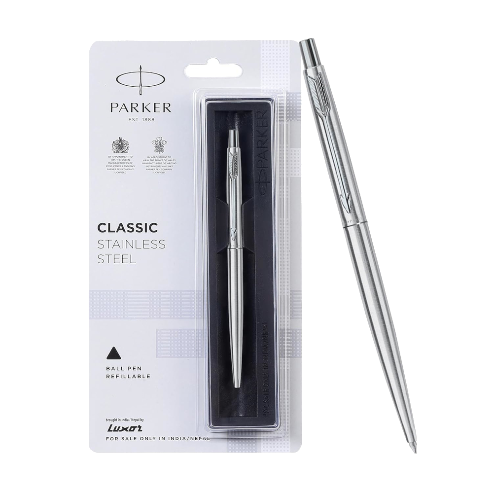 Parker Jotter Stainless Steel Chrome Trim Ballpoint Pen. Blue & free black Quinkflow refill