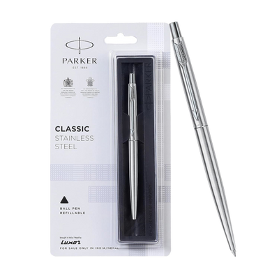 Parker Jotter Stainless Steel Chrome Trim Ballpoint Pen. Blue & free black Quinkflow refill