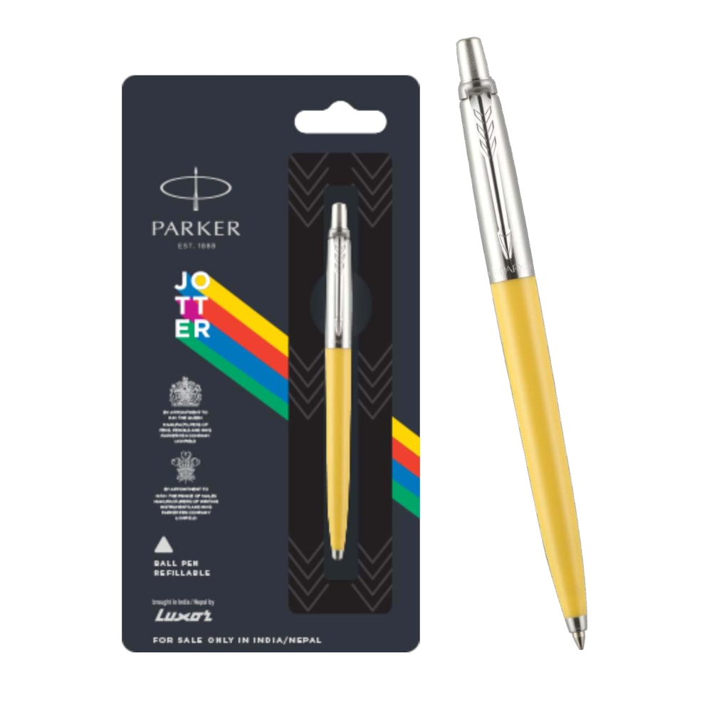 Parker Jotter Original Chrome Trim Yellow Ballpoint Pen. Blue & free black Quinkflow refill