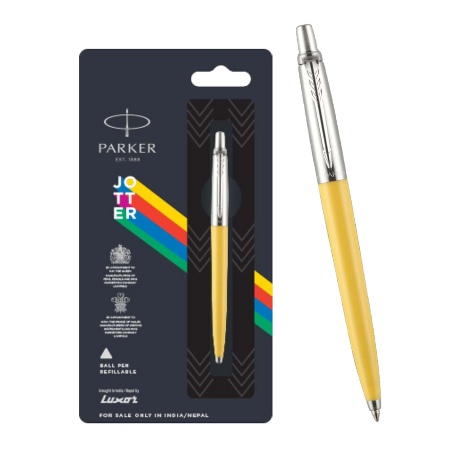 Parker Jotter Original Chrome Trim Yellow Ballpoint Pen. Blue & free black Quinkflow refill