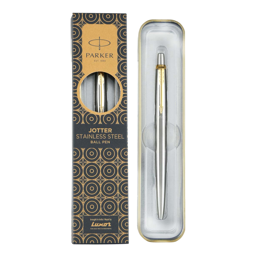 Parker Jotter Stainless Steel ballpoint pen with Gold Trim. Blue & free black Quinkflow refill