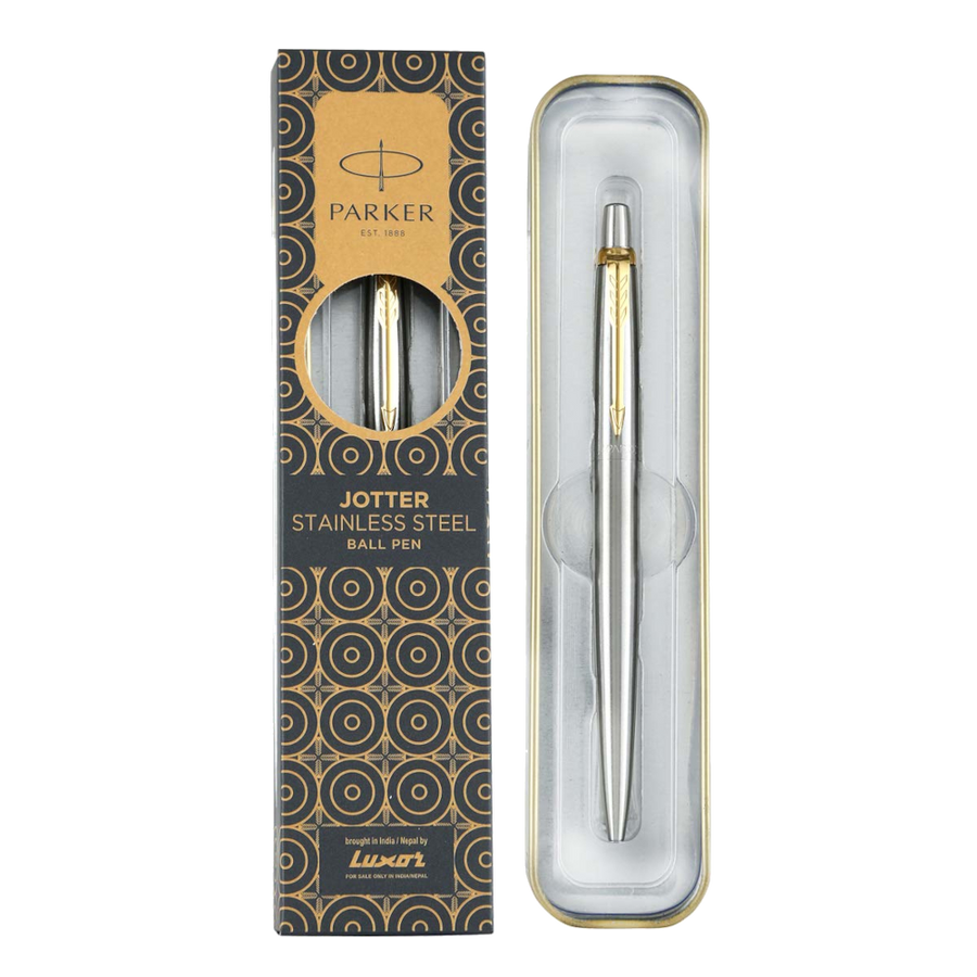 Parker Jotter Stainless Steel ballpoint pen with Gold Trim. Blue & free black Quinkflow refill